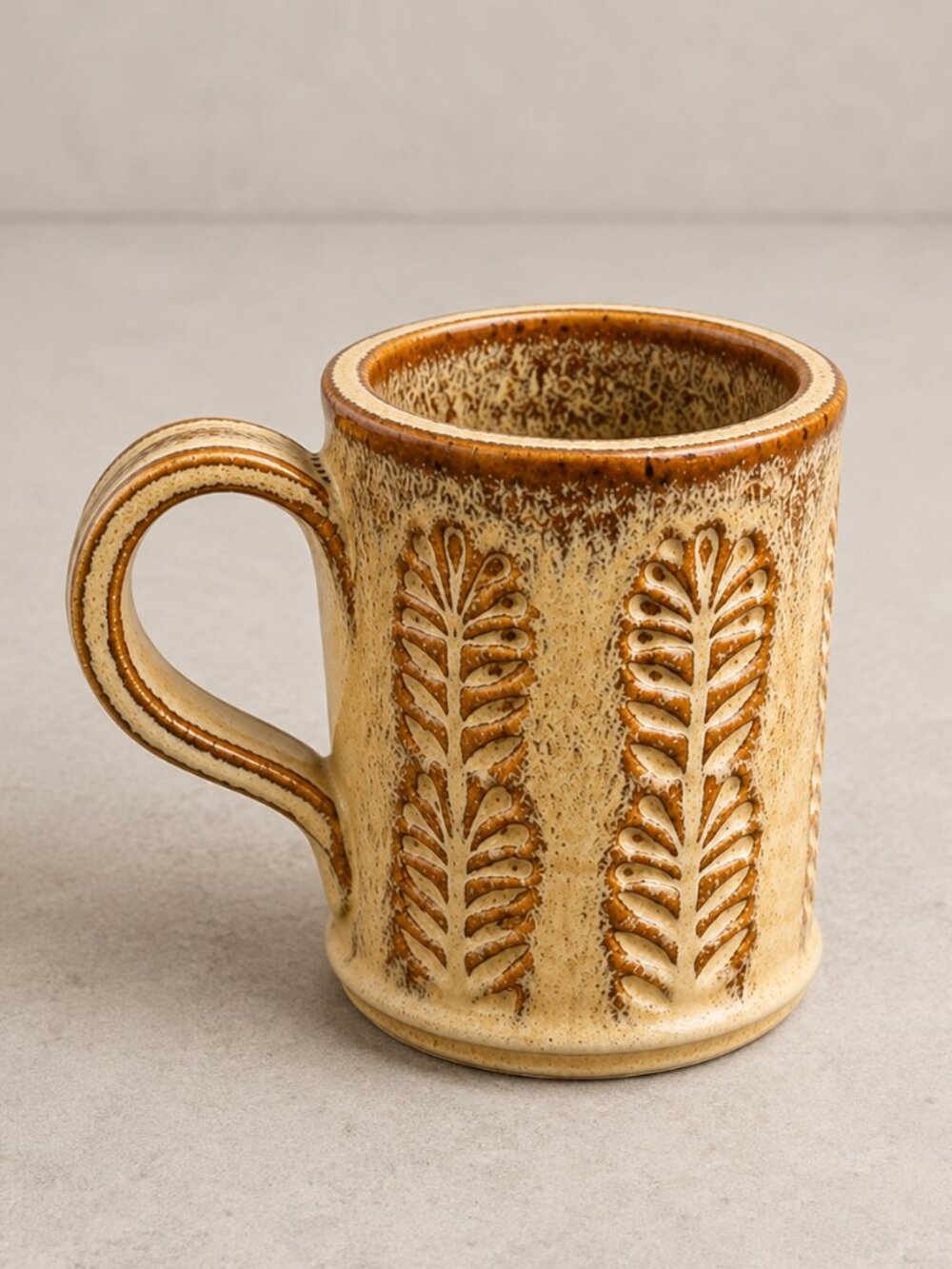 Vintage Studio Pottery Leaf Motif Ceramic Coffee Mug Signed Handmade Stoneware